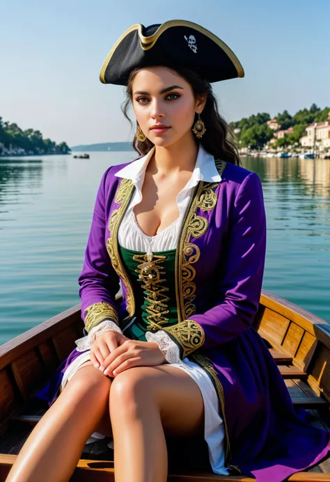 score_9, score_8_up, score_7_up,  1girl (medium full shot) of (esthetic young woman:1.1) pirate arabian with black doughnut hair bun, green eyes, olive skin, curvy,             wearing Deep purple frock coat with gold embroidery, skirt, black tricorn hat with a ribbon, bare feet, skull and crossbones pendant, winking, beckoning,  astonished,paw pose,           in  a rowboat, calm seas and gentle breezes, with a peaceful and tranquil atmosphere perfect for leisurely sailing and relaxation, as well as for enjoying the beauty and serenity of nature's most majestic playground  Masterpiece,best quality, photorealistic, amazing quality, very aesthetic, extremely detailed face,