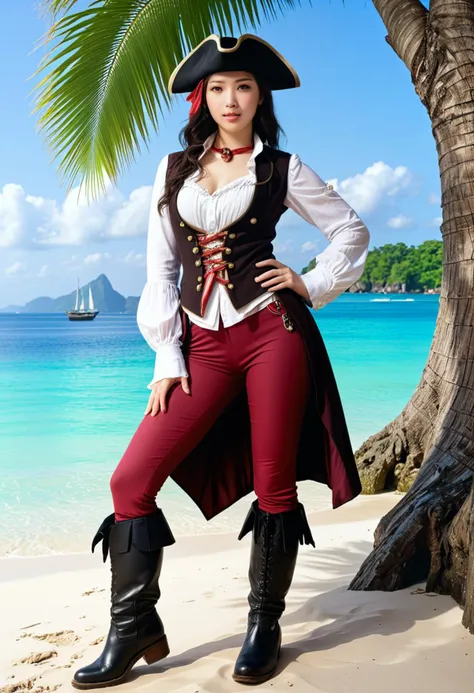 score_9, score_8_up, score_7_up,  1girl (medium full shot) of (vivacious young woman:1.1) pirate korean with black hime cut hair, dark brown eyes, pale skin, curvy,             wearing Off-white poet shirt under a burgundy waistcoat, striped trousers, tricorn hat with a ribbon, rugged boots, monkey companion, ,fetal position, one leg up pose,  friendly,           in  tropical paradise with palm-fringed beaches and crystal-clear waters, surrounded by lush rainforests and vibrant coral reefs teeming with exotic marine life, offering refuge and respite for weary pirates and adventurous travelers  Masterpiece,best quality, photorealistic, amazing quality, very aesthetic, extremely detailed face,