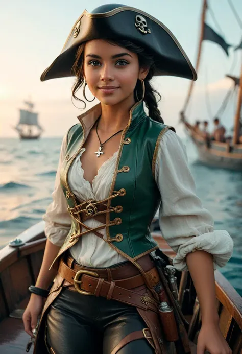 (medium full shot) of (adventurous pirate) young woman, tiny build, short dark hair, arabian, tan skin, jade green eyes, wearing a wide-brimmed pirate hat, grey leather waistcoat with silver trim,  breeches, sturdy pirate boots, skull and crossbones pendant gold hoop earrings, wooden leg, wielding a dagger, set in  a rowboat, calm seas and gentle breezes , at night, woman smiling, detailed face, ,Masterpiece,best quality, photo, realistic, very aesthetic