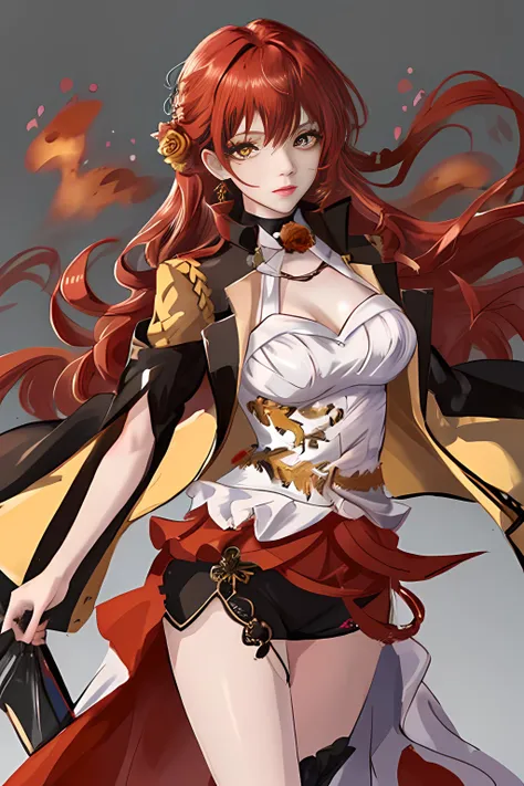 (masterpiece, best quality:1.2), 1girl, himeko,  <lora:himeko_Ax__v1.0:0.80>, red hair, yellow eyes, looking at viewer, (best shadow:1.1), (sexy pose:0.6), breasts, floating hair, hair ornament, jewelry,