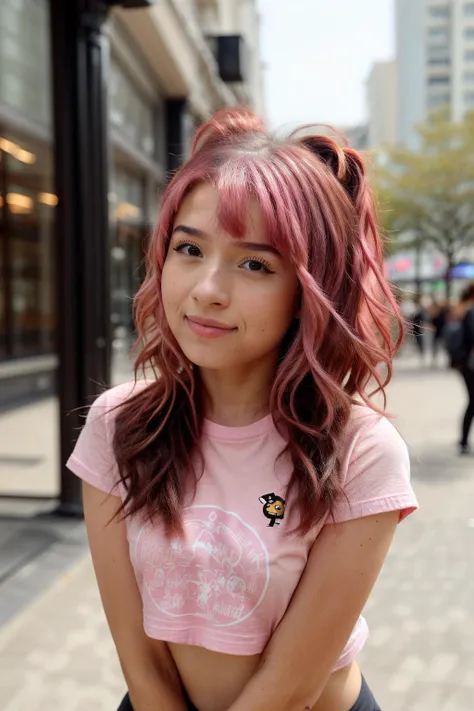 <lora:Pokimane5:1>
<lora:more_details:0.3>, solo, very detailed, detailed face, pokidiffusion, picture of a beautiful girl with pink hair wearing pokemon t-shirt, soft smile, outside in a common place, upper body
