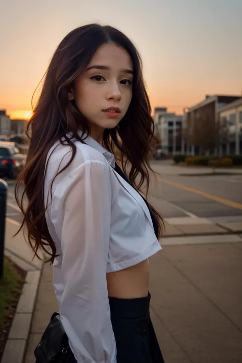 <lora:more_details:0.3>, solo, very detailed, detailed face, pokidiffusion, picture of a beautiful woman with long messy hair, wearing female teacher clothing, surprised, outside in a common place, upper body, sunset, side view