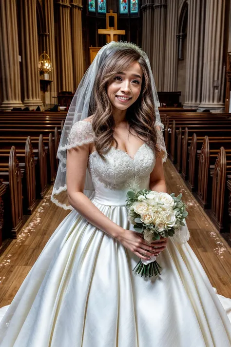 <lora:Pokimane5-000006:1> <lora:more_details:0.3> pokidiffusion,pokimane, white dress, white dress,wedding veil, wedding dress (crowd),(peoples),wearing bunch of flowers, smile, church,