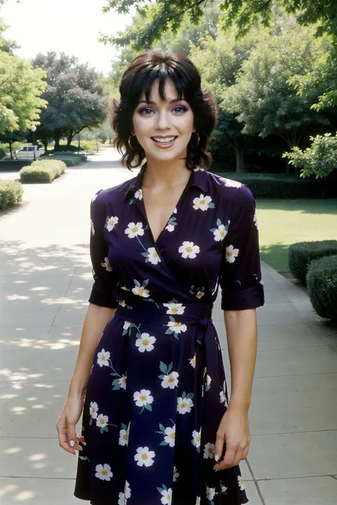 <lora:JoyceDewitt_SD15_v1.0:1> JoyceDewitt, close-up photo of a wholesome american woman from the 1970s show "Three's Company" standing in a typical 1970s Retro Wrap Dress with floral patterns and cinched waist, hyperrealistic, city park, greenery, beautiful garden path, sunrise, beautiful blue sky wearing lots of jewelry happy, big smile, upper teeth, (makeup with dark purple eyeliner:1.1)