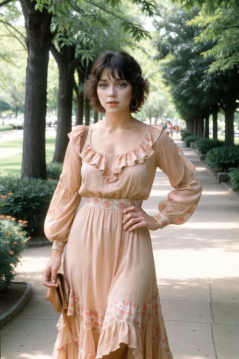 analog 1979 kodak photo of <lora:JoyceDewitt_SD15_v1.0:1> JoyceDewitt as Janet Wood, 3/4 body photo of a wholesome american woman from the 1970s show "Three's Company" wearing a typical 1970s Bohemian Maxi Dress with vibrant prints ruffled details and long sleeves, hyperrealistic, city park, greenery, beautiful garden path, sunrise, beautiful blue sky wearing lots of jewelry pouting, grumpy, irritated, (lightweight foundation or BB cream, a touch of coral blush, earthy-toned eyeshadows, defined lashes, and a peachy lip color:1.1)