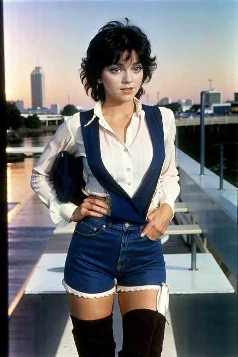 in 1980's, a 19 year old face of the most beautiful actress in the world, the short hair cut of a female is just like male one, the perfect body proportions of a female, formal shirt under blazer is covering large breasts, panties between bare legs are almost seen thanks to skirt is too short, standing, at city street, nsfw, best quality, highly detailed, masterpiece, ultra high res, photo realistic, 8k
