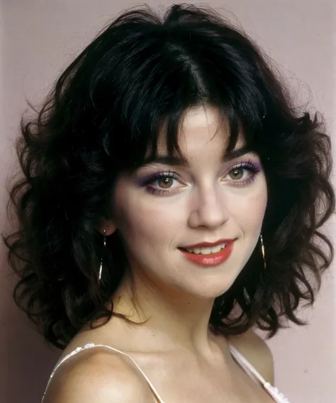 analog 1979 kodak photo of <lora:JoyceDewitt_SD15_v1.0:1> JoyceDewitt as Janet Wood, analog 35mm photo, Incredibly beautiful masterpiece, The Perfect Brunette. standing in a full body pose, studio grade photography, movie star photo, 1970s curly locks, hairstyle, 1970s (long black designer dress), looking at viewer, (headshot close-up:1.1), smile, upper teeth, purple eyeshadow, red lipstick, blush