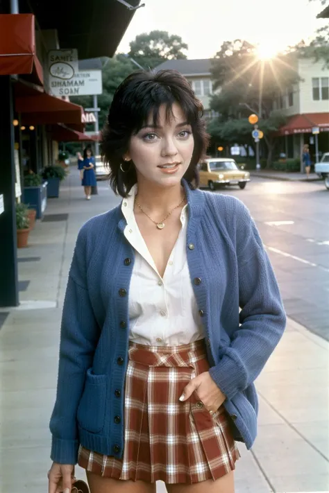 JoyceDewitt, 12 year okd girl, close-up photo of a wholesome american woman from the 1970s show "Three's Company" standing in a typical 1970s Preppy Plaid Skirt, fitted blouse and cardigan ensemble, hyperrealistic, city shopping, sunrise, beautiful blue sky wearing lots of jewelry