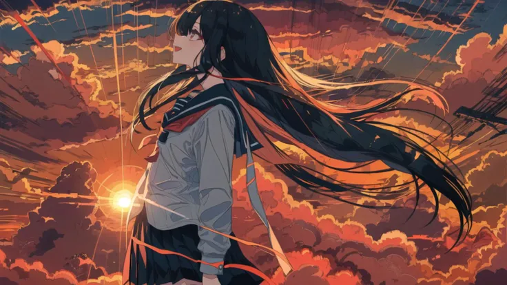 1girl, singing,beautifly, school uniform, long hair, black hair, colorful skirt,happy,
sunset,cloudy sky, dusk,
masterpiece, best quality, ultra_detailed, <lora:onelastlastcogecha:1>