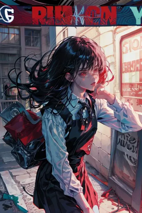 best quality, ultra-detailed, (((masterpiece))), finely detail, highres, 8k wallpaper,<lora:add_detail:0.7>,<lora:detailmaker:0.8>,<lora:comicCover_v10:0.6>,punk aesthetics, DIY approach, rebellious attitude, raw textures, gritty visuals, anarchic energy, underground influence,<lora:yoruChainsawMan_v10:0.9>, bold color, film grain, chromatic aberration, dramatic lighting, streets of japan, 1girl, yoru, red eyes, pinafore dress, shirt, neck ribbon, long sleeves,close-up, comic cover, detexted, <lora:comicCover_v10:0.6>