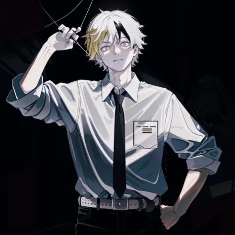<lora:LowRA:0.7>, <lora:denji_v2:0.9> poster cover, dja,black necktie, white shirt, collared shirt, sleevesa rolled up, black pants, belt, short hair, two-tone lighting, dimly lit, dramatic,