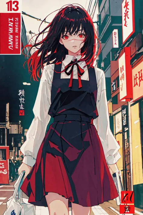 masterpiece, best quality, high quality, absurdres, <lora:yoruChainsawMan_v10:0.9>, bold color, film grain, chromatic aberration, dramatic lighting, streets of japan, 1girl,  yoru, red eyes, pinafore dress, shirt, neck ribbon, long sleeves,close-up, yellow fracture backdrop,  comic cover, detexted,  <lora:comicCover_v10:0.6>,