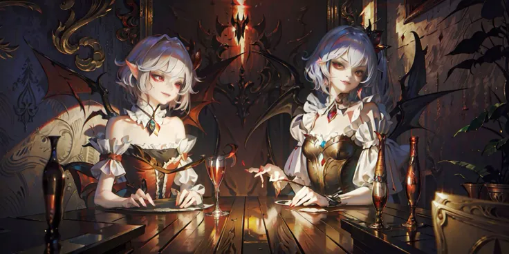 (masterpiece:1.2) (best quality) (detailed) (intricate) (8k) (HDR) (wallpaper) (cinematic lighting) (sharp focus)<lora:symphonyOfTheNight_v10:0.8>, SotnStyle, 2girls, (remilia scarlet), (flandre scarlet), castle, blood moon, dark, gothic, grin, v-shaped eyebrows, fangs, masterpiece, best quality,<lora:sunAndShadow_v10:0.5>