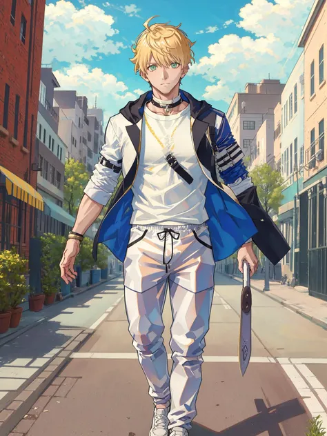 arthur pendragon (fate),white shirt,sport pants,1boy,street,masterpiece, best quality, <lora:jiujian-v2-000008:1>