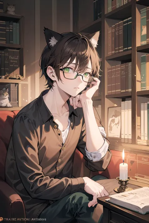 (cat boy:1.3), library, (warm tone:1.5), green eyes, brown hair, focused expression, high quality, wallpaper, trending on artstation, 1boy, relaxing, night, wearing black glasses, candle lit, dark academia