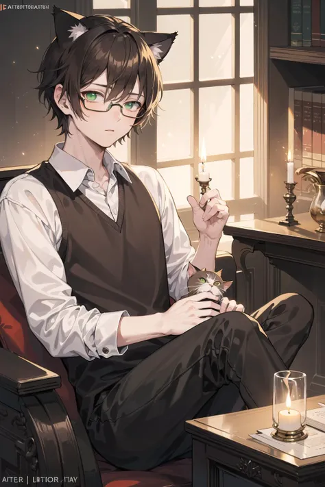 (cat boy:1.3), library, (warm tone:1.5), green eyes, brown hair, focused expression, high quality, wallpaper, trending on artstation, 1boy, relaxing, night, wearing black glasses, candle lit, dark academia
