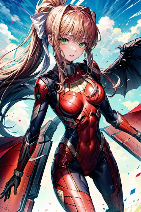 ((Monika, green eyes, ponytail, very long hair, perfect body, superhero suit, flying, saving the day, evil villains)), 1girl, superhero, red and blue suit, flying, saving the day, evil villains, <lora:DetailEnhancer:0.8>, <lora:DDLC:0.7>