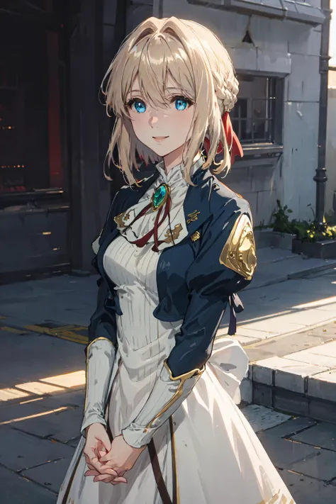 violet_evergarden, highres, highest quallity, illustration, cinematic light, ultra detailed, detailed face, (detailed eyes), best quality, hyper detailed, masterpiece, (detailed face),1girl, clenched hands, blonde hair, blue eyes, highest details, luminous eyes, medium breasts,backlighting, light rays, (high contrast), (colorful), ribbon, jewellery, jacket, dress, gem, hair_ribbon, standing, smiling, outdoors, <lora:violetEvergarden_v10:0.7>