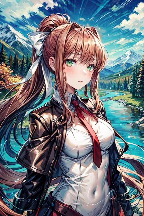 (Monika, green eyes, ponytail, gorgeous face, very long hair, perfect body), goddess, long hair, flowing river, clouds, mountains, forests, animals, people, <lora:DetailEnhancer:0.8>, <lora:DDLC:0.7>