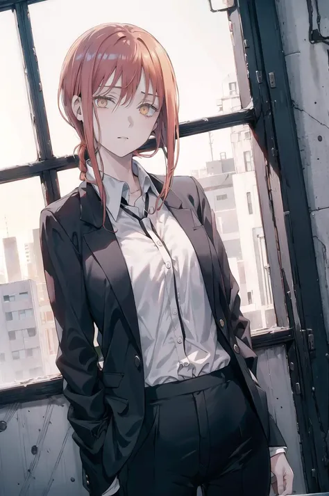 1girl, (office suit:1.3), black unbuttoned jacket, shirt, trousers, black pants, corneo_makima, 4k, old, mature femalle, small breats, <lora:AGM-a1:0.4> ,<lora:a2NierAutomataLora_1:0,4>,
