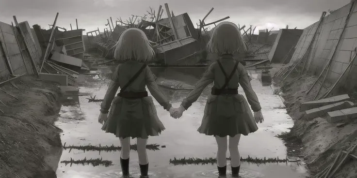 war, anime girls, sad atmosphere, destruction, water in trenches, cute clothing, sad, crying, little girl, mature girl, holding hands, hope, grayness, 2 girls holding hands, high quality, detailed body parts