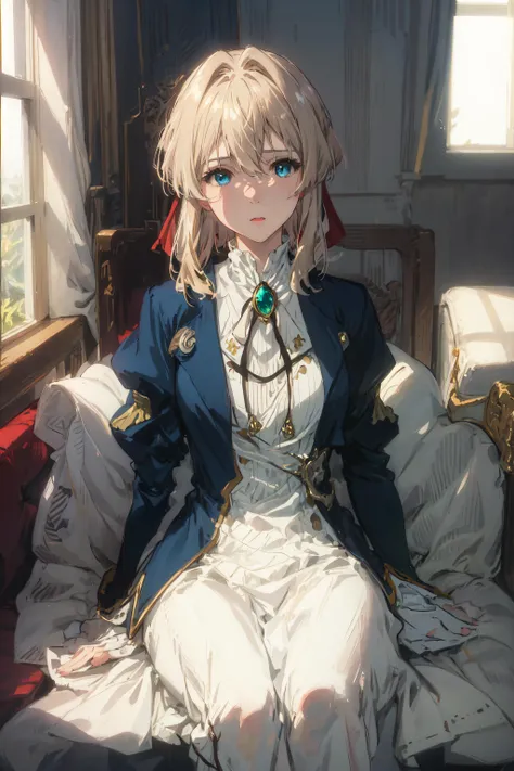 violet_evergarden, highres, highest quallity, illustration, cinematic light, ultra detailed, detailed face, (detailed eyes), best quality, hyper detailed, masterpiece, (detailed face),1girl, blonde hair, blue eyes, highest details, luminous eyes, medium breasts,backlighting, light rays, (high contrast), (colorful), ribbon, jewellery, jacket, dress, gem, hair_ribbon, sitting, full body, <lora:violetEvergarden_v10:0.7>