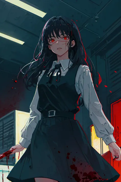 <lora:epiNoiseoffset_v2:1> masterpiece, best quality, high quality, absurdres, <lora:yoruChainsawMan_v10:0.9> illustration,(Magazine cover-style illustration, bold colors, magazine text behind character, film grain, chromatic aberration, dramatic lighting, blood splatter backdrop, 1girl, yoru, red eyes, pinafore dress, shirt, neck ribbon, long sleeves, dark studio, rim lighting, two tone lighting, dimly lit, low key