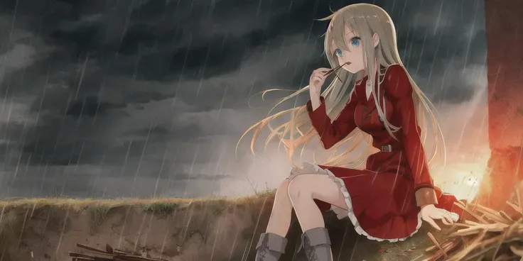 cute anime girl sitting on a trench at war and eating pocky, sad, cute clothes, red clothes, dress, cute boots, lights hair, blue eyes, grey atmosphere, rain, wide shot, detailed food, detailed bodyparts