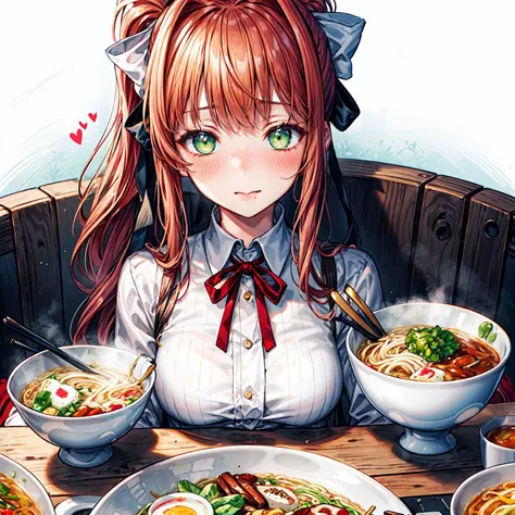 (Monika, green eyes, ponytail, gorgeous face, very long hair, perfect body), 1girl, solo, masterpiece, best quality, unity 8k wallpaper, illustration, ultra-detailed, full-face blush, heavy breathing, wavy mouth, food, noodles, bowl, ramen, table, sitting, enjoying, heart-shaped_pupils, <lora:DetailEnhancer:0.8>, <lora:DDLC:0.7>