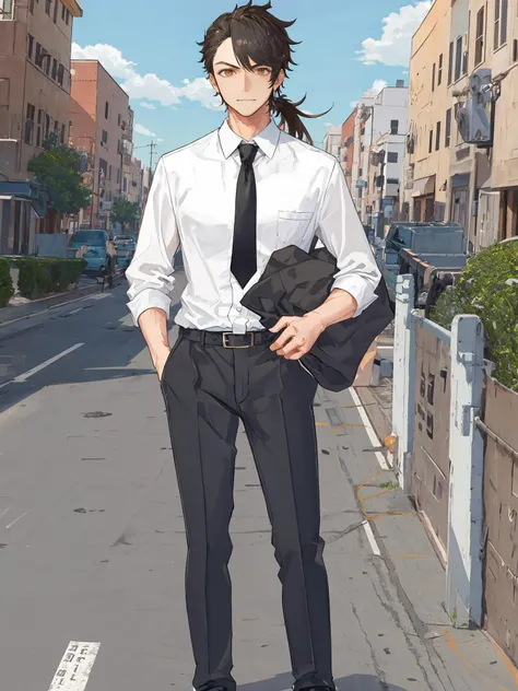 black suit,white shirt,black necktie,ponytail,luao,1boy,street,masterpiece, best quality, <lora:luao:1>