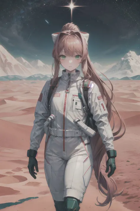 (Monika, green eyes, ponytail, very long hair, perfect body, scientist outfit), (masterpiece, best quality, chromatic aberration, intricate details, absurdres), spacesuit, helmet, backpack, tools, (walking:1.2), (investigating:1.2), alien planet, mountains, desert, plants, animals, <lora:DetailEnhancer:0.8>, <lora:DDLC:0.7>