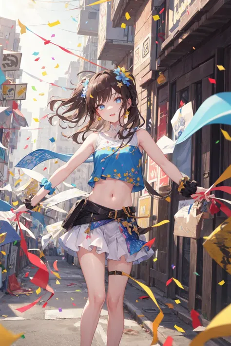 (masterpiece:1.5), illustration, 4k, 8k, (high quality:1.1), highly detailed, detailed face, HDR, vivid colors, natural lighting, dat light,pretty eyes, detailed eyes, colorful eyes, beautiful face, 1girl, long hair, messy hair, brown hair, twin braids, scrunchie, star and flower hair ornament, sleeveless, blue t-shirt, white mini skirt,spread arms, ((confetti)), establishing shot, exposing the abdomen,chuckle, standing on the street,young idol,