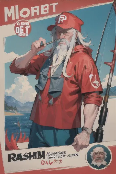 A film poster,(a old Fisherman:1.32) fighting with a Red fish,red fish,old man as fisherman,writing on a film poster,fisher man with fishing rod ,,,((((best quality))), (((ultra detailed))), (((masterpiece)))