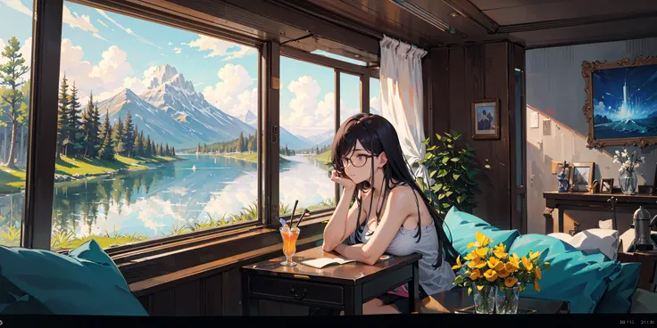 (8k, RAW photo, best quality, masterpiece:1.2),absurdres,detailed face, sidelighting , a detailed painting, clearly worked out detail, intricate, cinematic,dim natural lighting, depth of field,
SCENERY: window,sofa, forest, wood, lake, mountain in distance,
wide angle,
(1girls), (solo), minakatahizuru, big breast,
sitting in front of a desk, head rest on arm, looking out the window, thinking,
cocktailworld,
<lora:CocktailWorld:0.3>, <lora:summertimeRendering_minakatahizuru:0.9:F1>