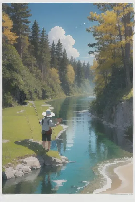 A man fishing with (fishing road:1.23),anime,river,highres,masterpiece, best quality,film poster