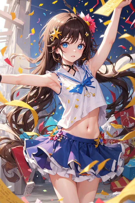 (masterpiece:1.5), illustration, 4k, 8k, (high quality:1.1), highly detailed, detailed face, HDR, vivid colors, natural lighting, dat light,pretty eyes, detailed eyes, colorful eyes, beautiful face, 1girl, long hair, messy hair, brown hair, twin braids, scrunchie, star and flower hair ornament, sleeveless, blue t-shirt, white mini skirt,spread arms, ((confetti)), establishing shot, exposing the abdomen,chuckle, standing on the street,young idol,