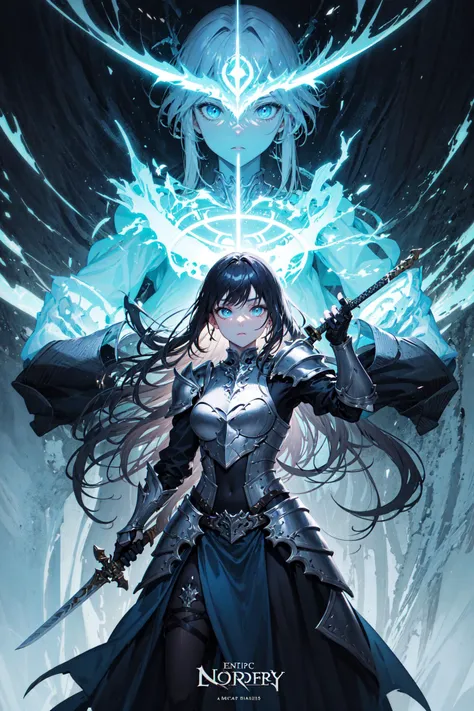 fantasy, epic, movie poster-style illustration, a girl standing in armor, wielding a sword, with a dynamic and magical background, featuring prominent and well-designed typography elements,standing, confident, determined, wielding a sword, epic title, magical forest, glowing runes, bold text