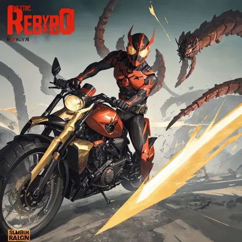 (((best quality))),(((ultradetailed))),(((masterpiece))),illustration,action,superhero,1boy, ,solomagazine cover,Kamen Rider Kuuga,beetle,  motorcycle,cool,fierce,determined,The Fly helmethelmet with a redvisor, gold locusts tentacles on the visor,red leather suit,goldchest plate,big glowing red eyes,high-tech wristwatch,riding ahi-tech motorcycle,sleek design,red and red colors,sharpedges,glowing exhaust pipes,fast and agile,performing the"Revolutionary Slash"attack,swinging his sword with precisionand accuracy,delivering adevastating blow to his enemy,leaving them defeated and in aweof his power.