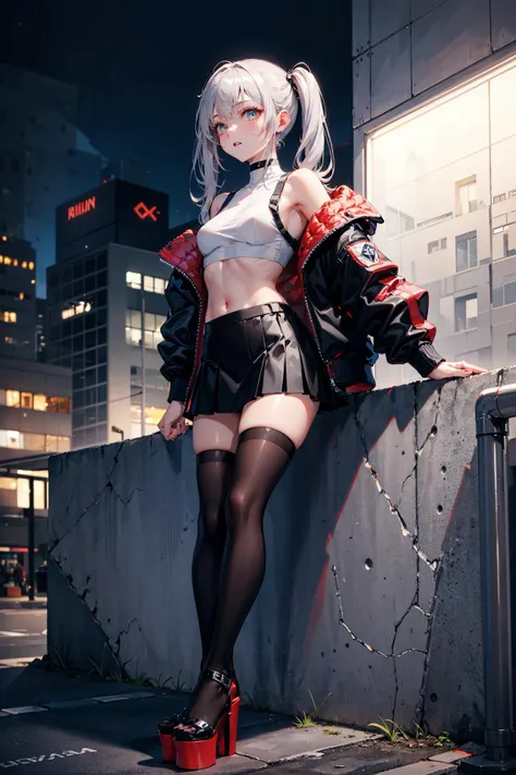 full body photo, 1woman, gorgeous, sexy, skinny, with Grey long twintails sitting on top of a concrete wall, wearing a mini skirt, tight crop top, open bomber jacket, thigh highs, platform heels, perfect symmetrical face, small breasts, dynamic pose, looking into the camera, busy city at night, raw color photo, perfectly photorealistic, incredibly detailed, 8k, UHD,