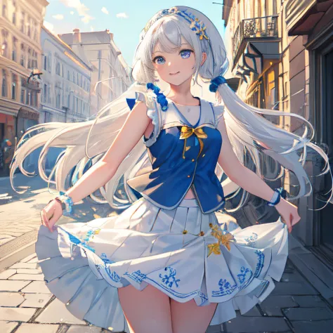 (((best quality))),(((ultradetailed))),(((masterpiece))),((realistic)),(detailed), 8k, (high quality:1.1), highly detailed, detailed face, HDR, vivid colors, natural lighting, light smile, blue eyes, beautiful face, girl, long hair, messy hair, white hair , twin braids, scrunchie, star and flower hair ornament, sleeveless, blue t-shirt, white mini skirt, spread arms, looking at the viewer , establishing shot, exposing the abdomen, chuckle, standing on the street, young idol, posing
