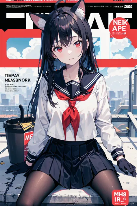 ((masterpiece, best quality)),a girl, solo, skirt, sky, sitting, pantyhose, serafuku, cloud,black gloves, outdoors, neckerchief ,day, bangs, fence, shirt, ahoge, rooftop, long hair, white pantyhose, black hair, school uniform, white sailor collar, red eyes, sailor collar, blue skirt, red neckerchief, blue serafuku, animal ears, blue sky, long sleeves, blue shirt, looking at viewer, closed mouth,cat ears, chain-link fence, pleated skirt, cloudy sky, trash can
(magazine:1.3), (cover-style:1.3), fashionable, woman, vibrant, outfit, posing, front, colorful, dynamic, background, elements, confident, expression, holding, statement, accessory, majestic, coiled, around, touch, scene, text, cover, bold, attention-grabbing, title, stylish, font, catchy, headline, larger, striking, modern, trendy, focus, fashion,