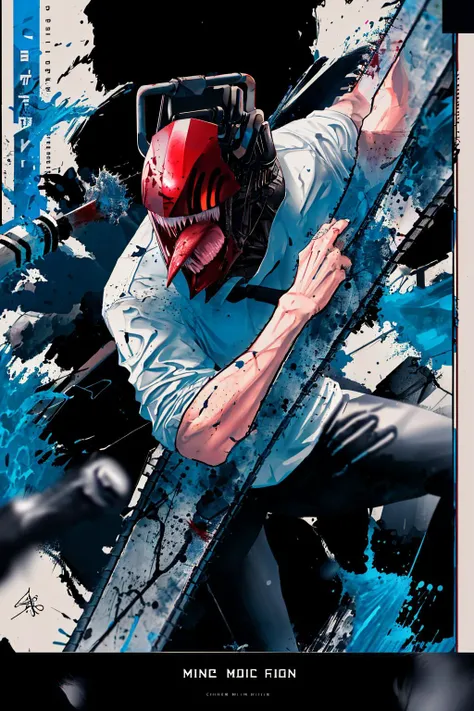 <lora:LowRA:0.65>, monster boy, djb, sharp teeth, chainsaw, blood on clothes, blood on weapon, collared shirt, black pants, <lora:denji_v2:0.9>, tongue out, (comic poster:1.1), bloody splatter background, legible bold text, intricate detail, masterpiece, best quality, highres, film grain, chromatic aberration, (fighting:1.2), <lora:coverPageLayout_v10:1>, detexted