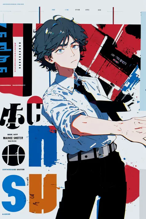 <lora:LowRA:0.4>,dja, black necktie, white shirt, collared shirt, sleevesa rolled up, black pants, belt, short hair, <lora:denji_v2:0.6>, cowboy shot, (comic poster:1.1), legible bold text, intricate detail, masterpiece, best quality, highres, film grain, chromatic aberration, <lora:coverPageLayout_v10:1>, detexted