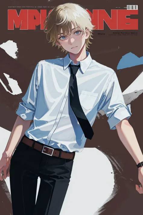 <lora:LowRA:0.5>, <lora:denji_v2:0.6> magazine cover, two toned two-tone background,  masterpiece, best quality, highres, dja, black necktie, white shirt, collared shirt, sleevesa rolled up, black pants, belt, short hair, cowboy shot