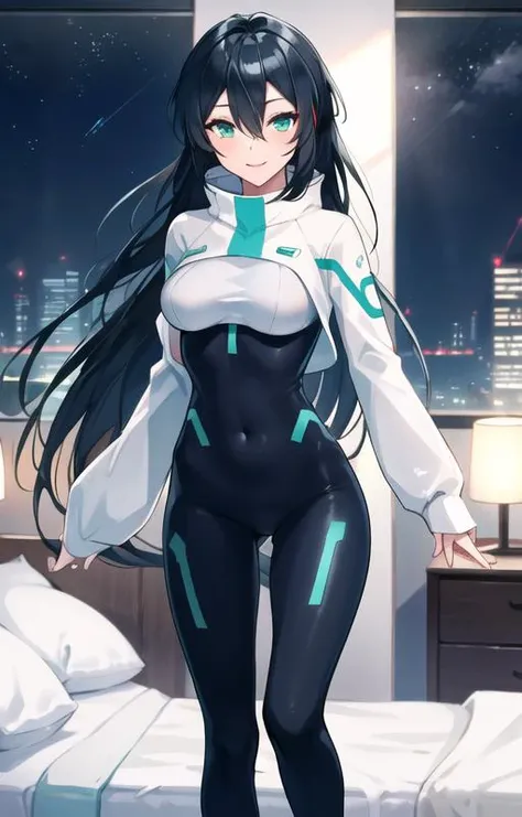 (SFW), masterpiece, best quality, highres 64k, professional artwork, famous artwork, clean, cinematic lighting, beautiful eyes + detail, beautiful hair + detail, multicoloured hair, (sexy young female body:1.4), (  medium breast, lactation), happy:1.2, smile, sexy looking at the viewer, floating hair, 1girl, solo,((may)), black hair,  very long hair,  green eyes, bangs, hair between eyes, bodysuit, [[[[[nipples  show through bodysuit, pussy show through,]]]]], 
indoors, at night, bedroom, sexy pose,( in lover relationship) <lora:may(gundam)_lora:0.6>,