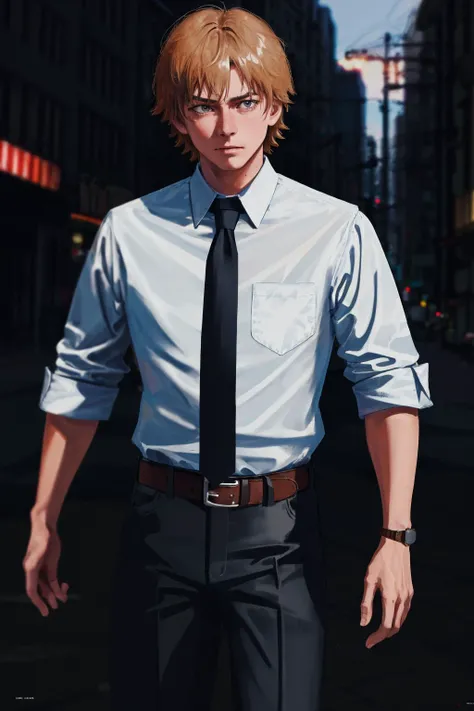 <lora:LowRA:0.8>, <lora:denji_v2:0.6> movie poster, legible bold text, intricate detail, masterpiece, best quality, highres, dja, black necktie, white shirt, collared shirt, sleevesa rolled up, black pants, belt, short hair, cowboy shot, action scene,