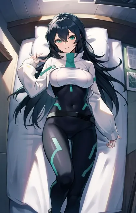(SFW), masterpiece, best quality, highres 64k, professional artwork, famous artwork, clean, cinematic lighting, beautiful eyes + detail, beautiful hair + detail, multicoloured hair, (sexy young female body:1.4), (  medium breast, lactation), happy:1.2, smile, sexy looking at the viewer, floating hair, 1girl, solo,((may)), black hair,  very long hair,  green eyes, bangs, hair between eyes, bodysuit, [[[[nipples  show through bodysuit, pussy show through,]]]], 
indoors, at night, bedroom, lying on bed, ( in love) <lora:may(gundam)_lora:0.8>,