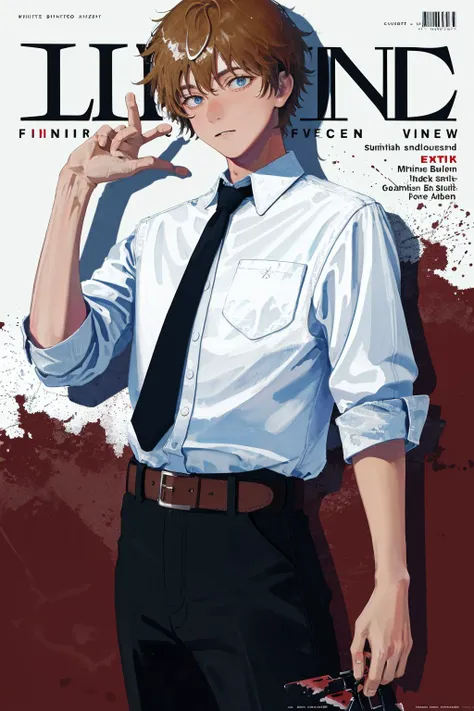 <lora:LowRA:0.6>, <lora:denji_v2:0.6> magazine cover, splatter background, legible bold text, intricate detail, masterpiece, best quality, highres, dja, black necktie, white shirt, collared shirt, sleevesa rolled up, black pants, belt, short hair, cowboy shot