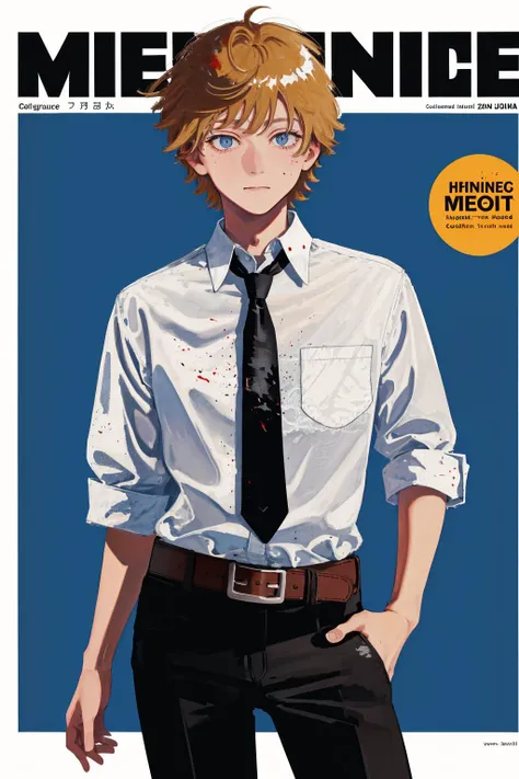 <lora:LowRA:0.6>, <lora:denji_v2:0.6> magazine cover, magazine border, splatter background, legible bold text, intricate detail, masterpiece, best quality, highres, dja, black necktie, white shirt, collared shirt, sleevesa rolled up, black pants, belt, short hair, cowboy shot