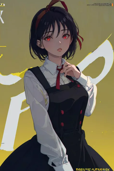 masterpiece, best quality, high quality, absurdres, <lora:Kang_Hyewon_V4b-000005:1> illustration,(Magazine cover-style illustration, bold color, legible magazine text behind character, film grain, chromatic aberration, dramatic lighting, yellow backdrop, 1girl, yoru, red eyes, pinafore dress, shirt, neck ribbon, long sleeves
